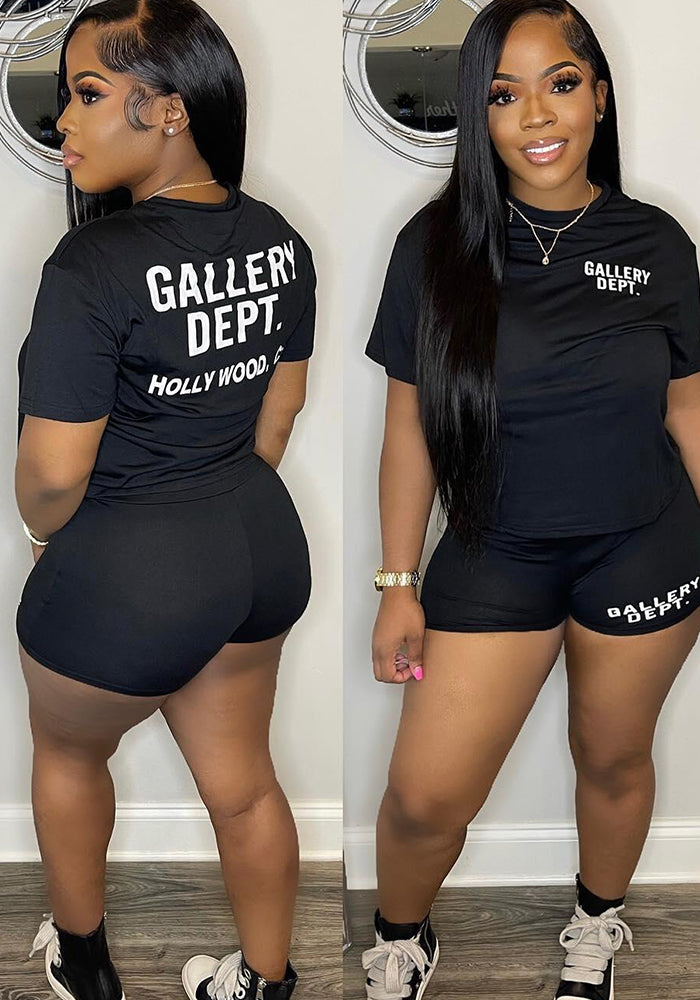 Women Clothing Summer Black Print Round Neck Short Sleeve Top and Shorts Two-Piece Set