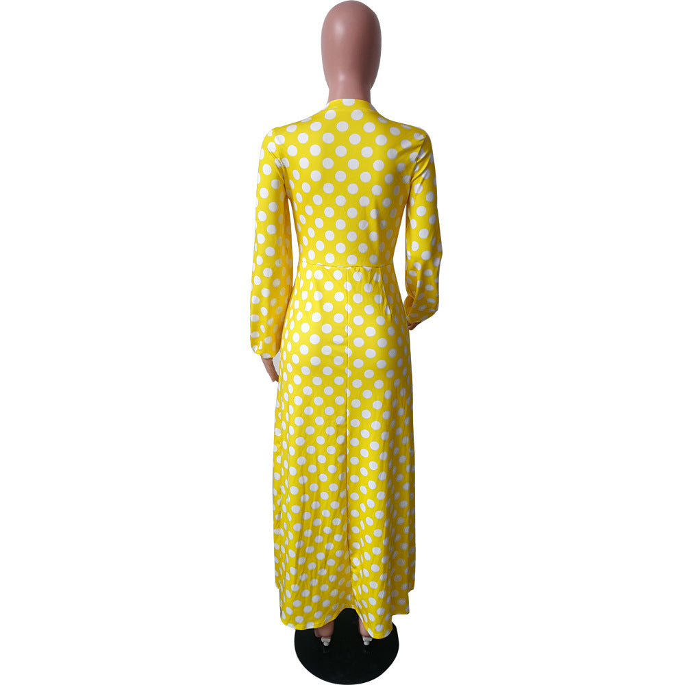 Women's Spring And Winter Round Neck Polka Dot Long Sleeve High Slit Midi Dress 12