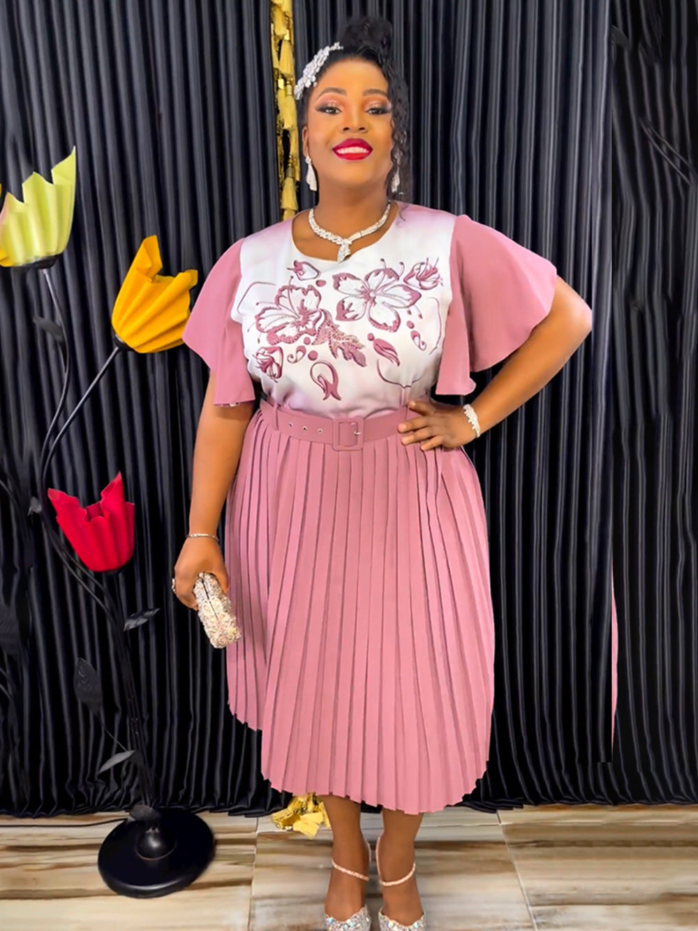 African Women's Printed Mother Of The Bride Dress Plus Size Pleated Dress With Belt 8