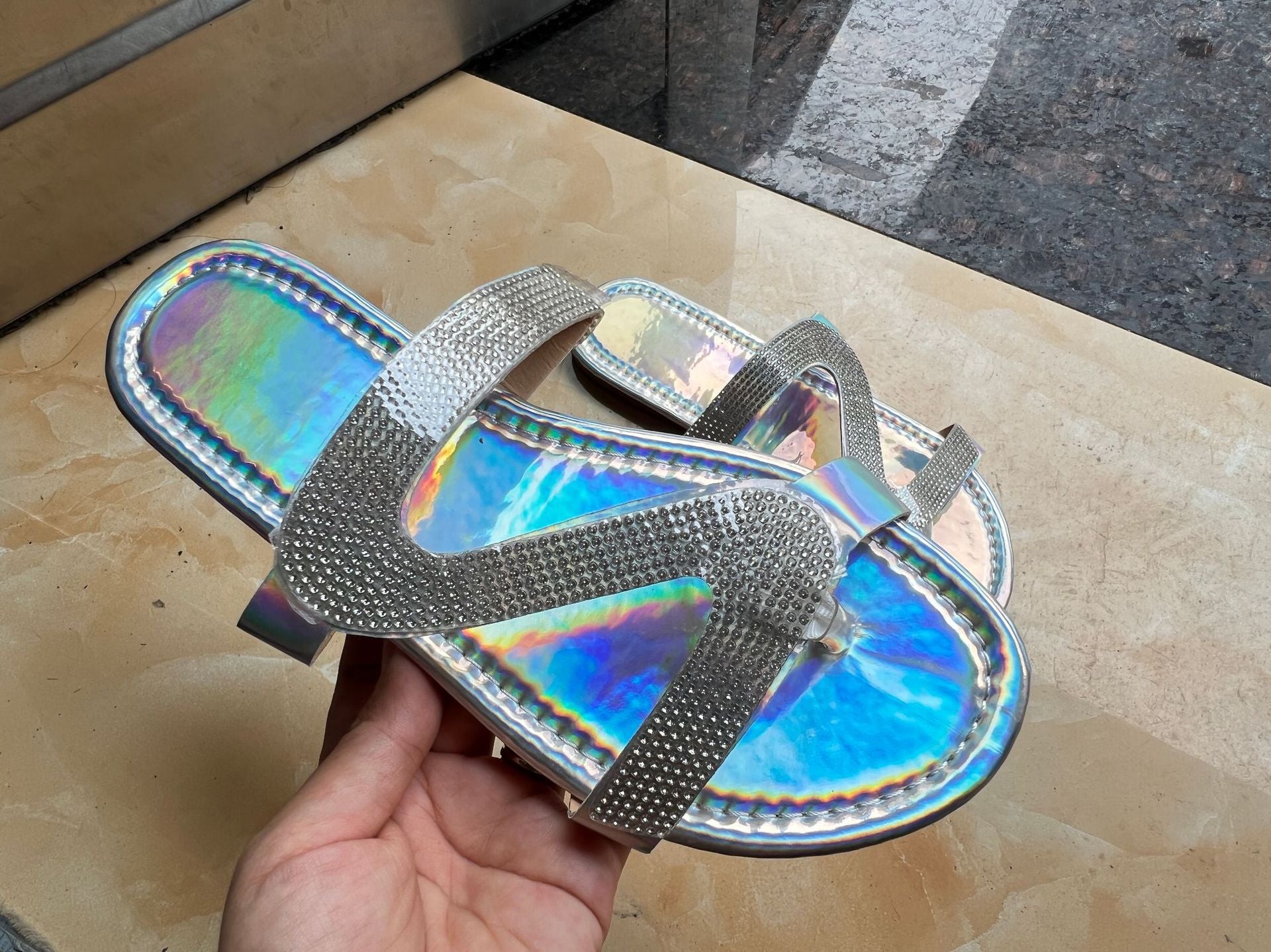 Plus Size Flat Sandal Flip flops Z-line Rhinestone Clip Toe Casual Outdoor Wear Beach Women's Shoe 26