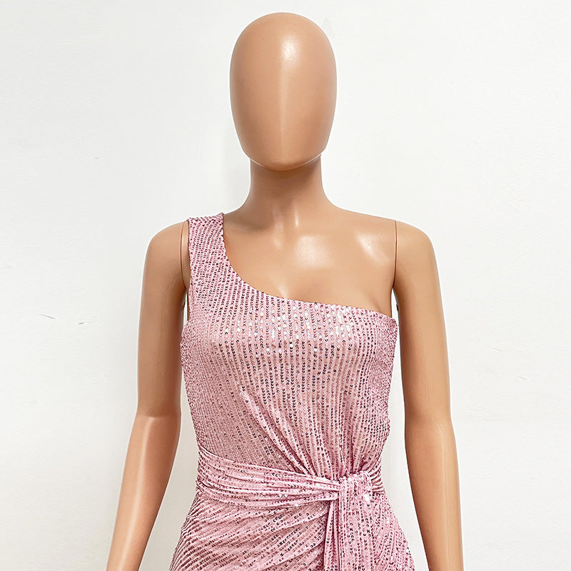 Women's One-Shoulder Lace-Up Sequined Evening Dress 50