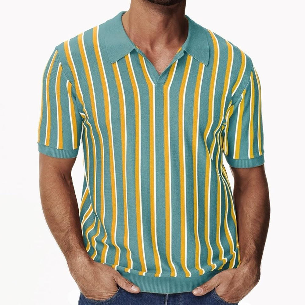 Men's Summer Turndown Collar Chic Striped Knitting polo Shirt Short Sleeve Tops 7