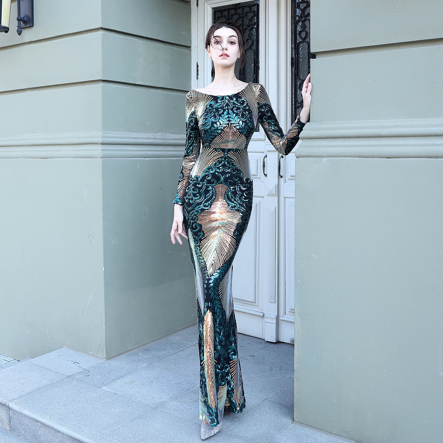 Autumn formal sequin O-Neck long sleeve mermaid evening dress