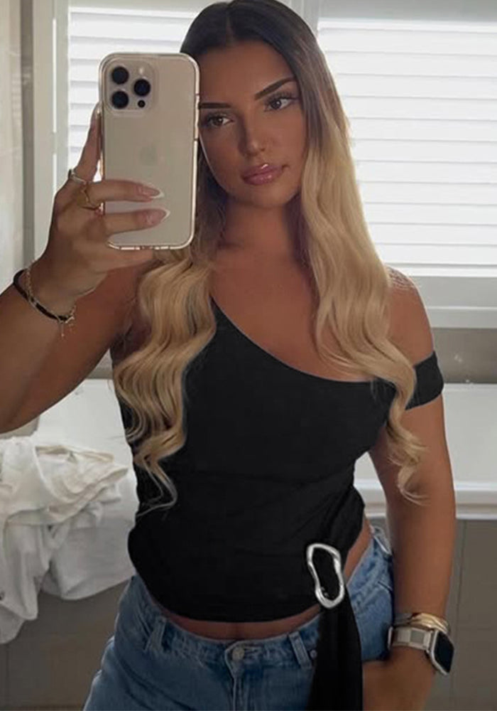 Women American asymmetrical off-shoulder metal button streamer Tank Top