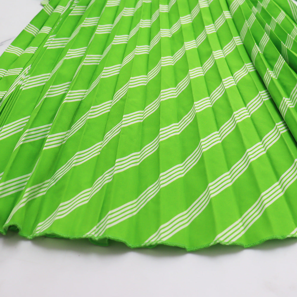 Striped Turndown Collar Casual Summer Women's  Pleated Slim Waist Long Dress 18