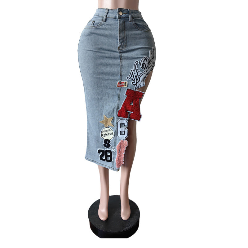 Stretch Letter Embroidered Seven-Part Denim Skirt 8