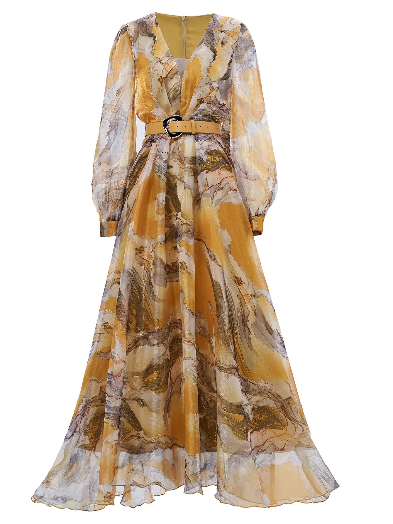 Women long-sleeved V-neck pleated Formal Party mesh dress 3