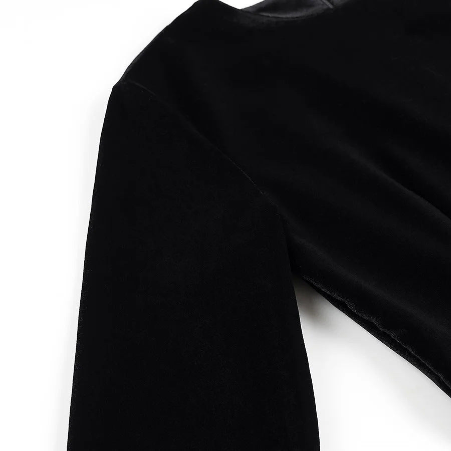 Women's Fashionable Round Neck Padded Shoulder High Slit Open Waist Black Long Dress 10