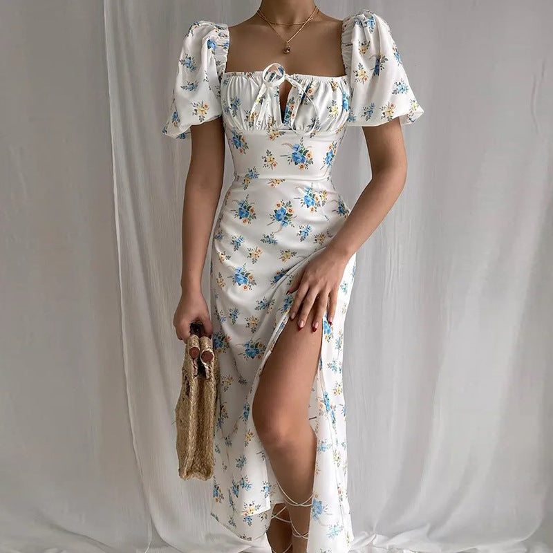 Women Spring Printed French Floral Backless Suspender Slit Dress 15