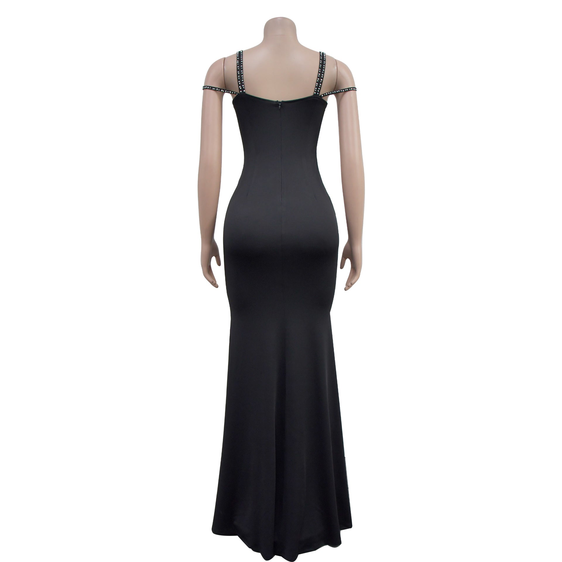 Fashion Women's Beaded Strap Off Shoulder Solid Color Mesh Patchwork Evening Dress 10