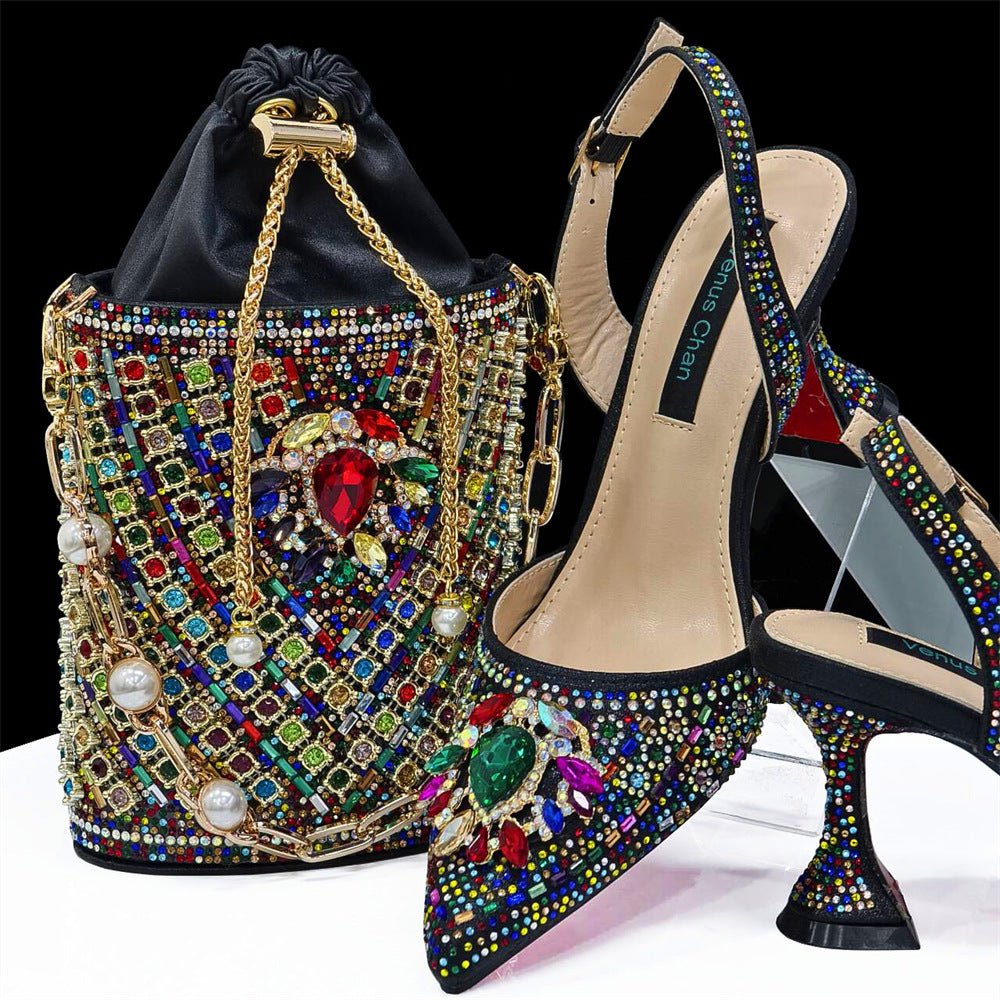 African Shoe And Bag Set Combination Pointed-Toe Ladies' Plus Size High-Heeled Wedding Shoes With Bucket Bags 18