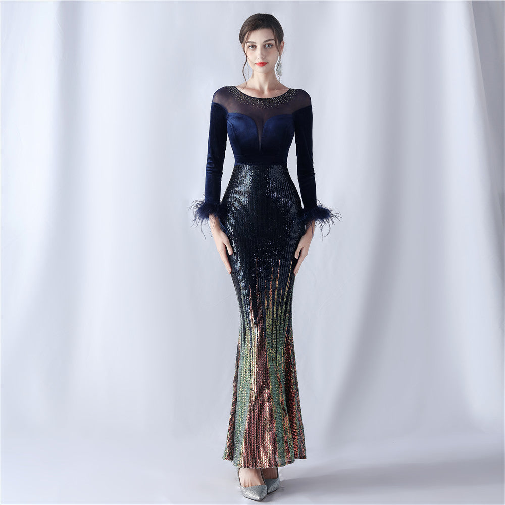 Women Gradient Beaded Velvet Evening Dress 7