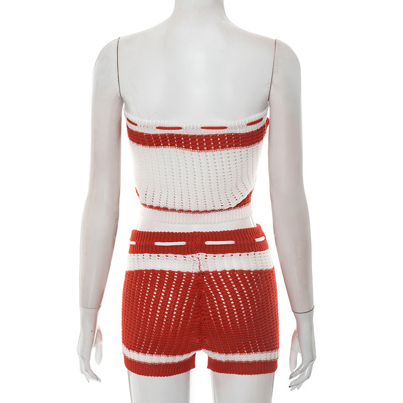Summer Women's Fashion Knitting Drawstring Contrast Stripes Strapless Two-Piece Shorts Set 8