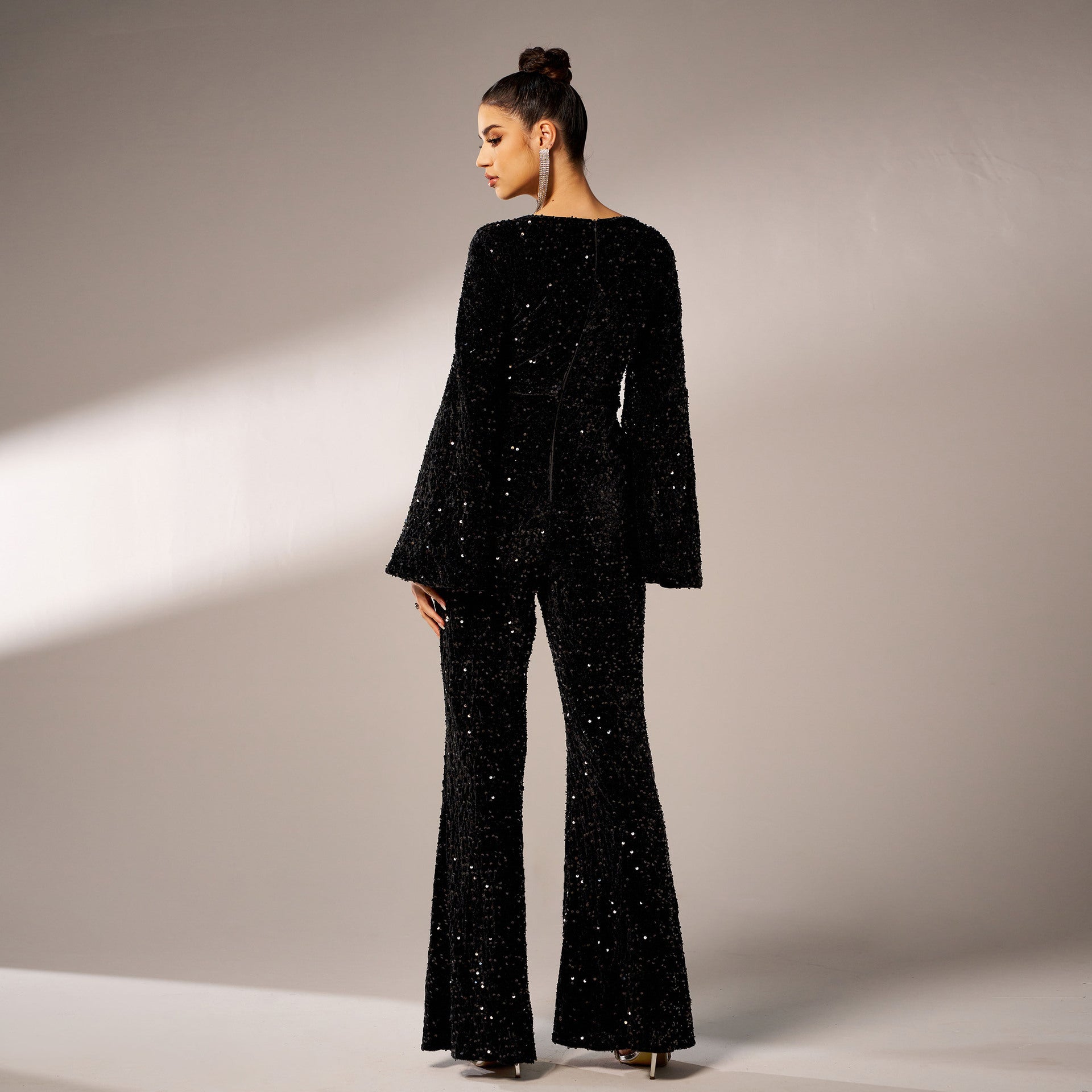 Women long sleeve square neck Bodycon Formal Party sequined Jumpsuit 4