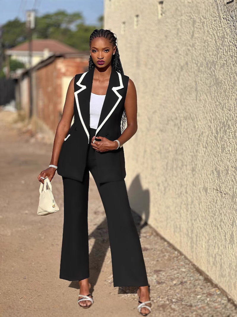 Women's Sleeveless Patchwork Contrast Color Vest Pants Two Piece Set 4