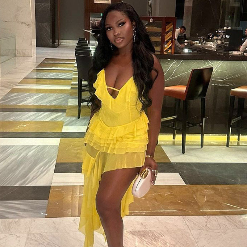 African Women Sexy Slit Ruffled Irregular Dress 4