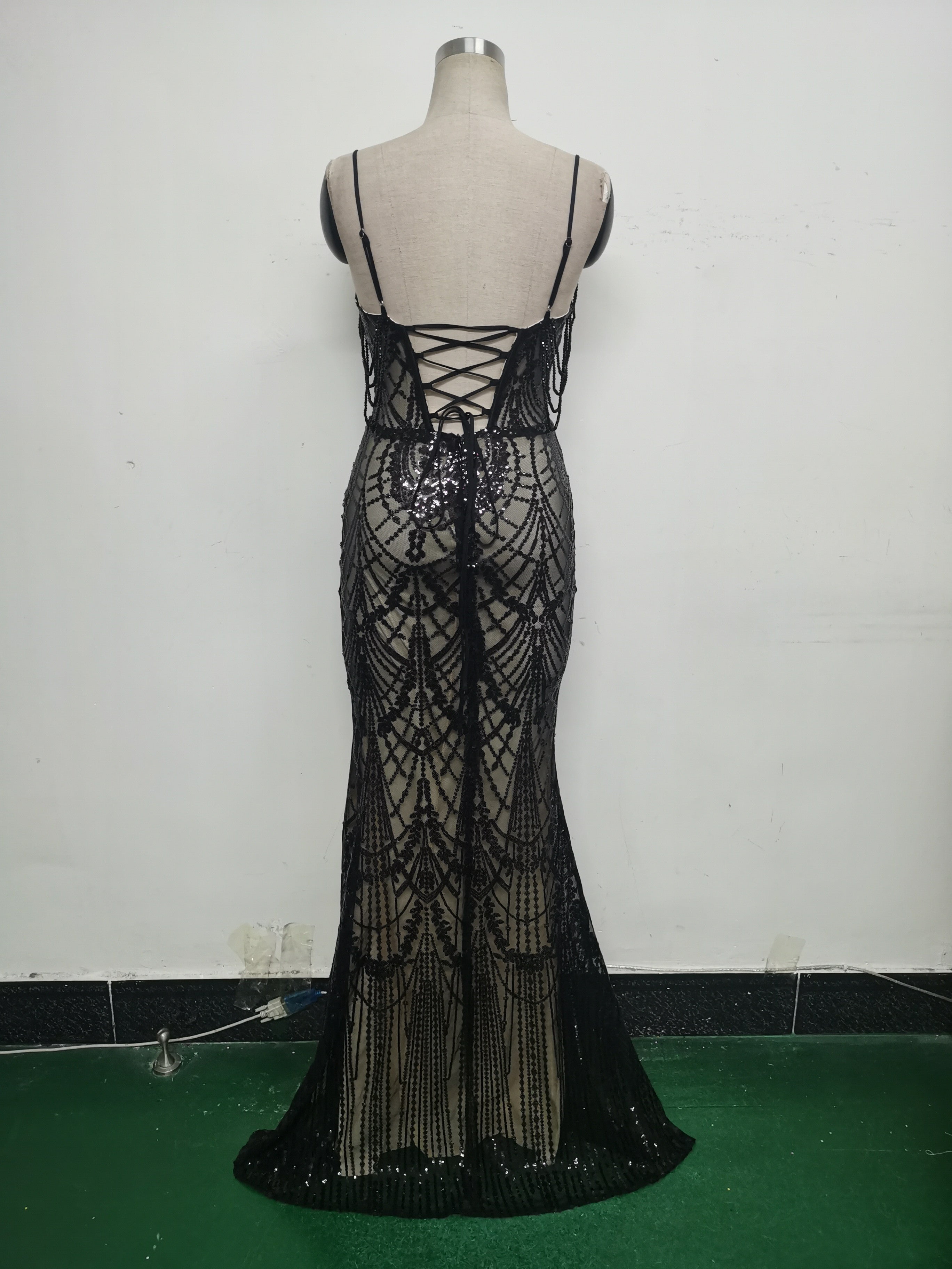 Women beaded sequin fishbone Lace-Up See-Through evening dress 35