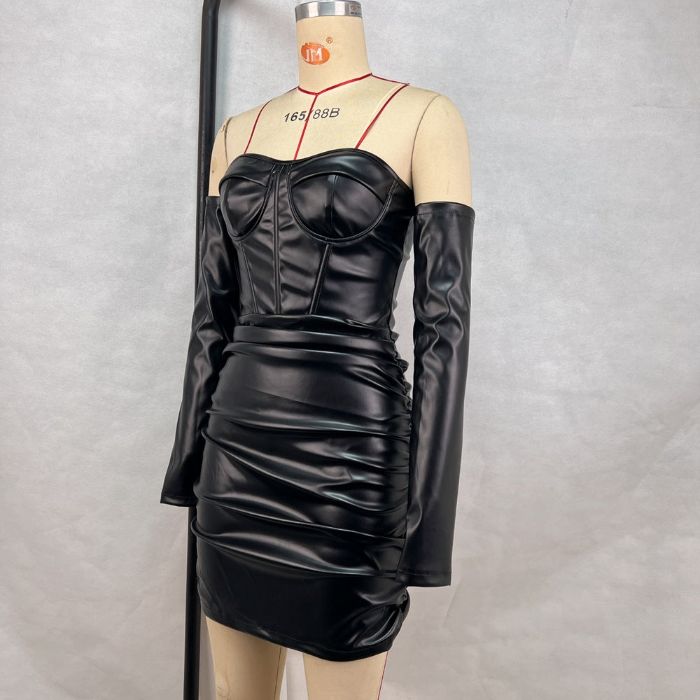 Women Spring and Summer Sexy Off Shoulder Pleats Pu-Leather Strapless Bodycon Dress 8