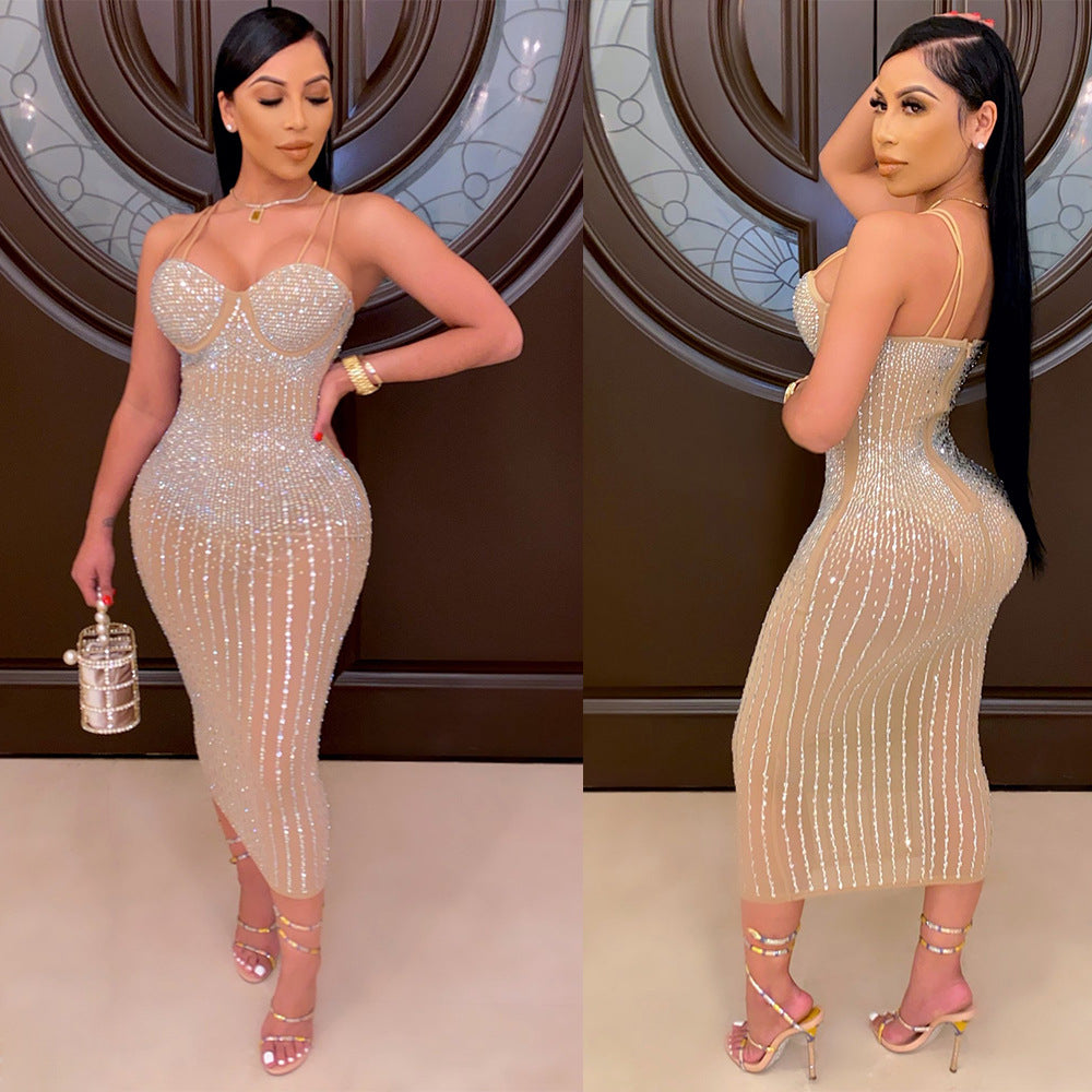 Summer Party Sexy Beaded Push Up Strap Midi Dress 5