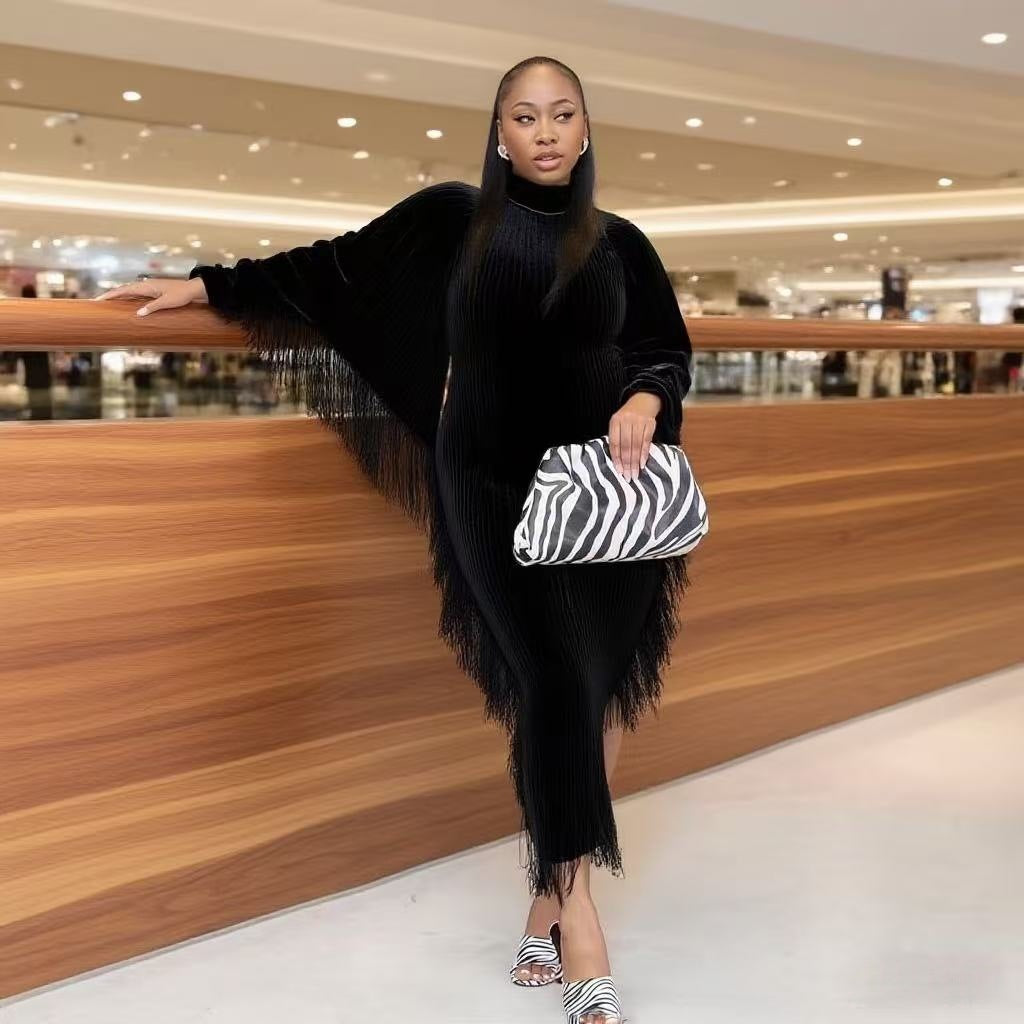 Crochet Fringe Solid Color Round Neck Bat Sleeve Long Knit Dress 3