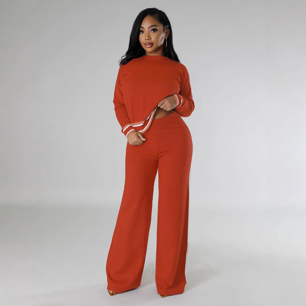 Women Fall and Winter Casual Long Sleeve Knitting Top Wide Leg Pants Two Piece Set 6