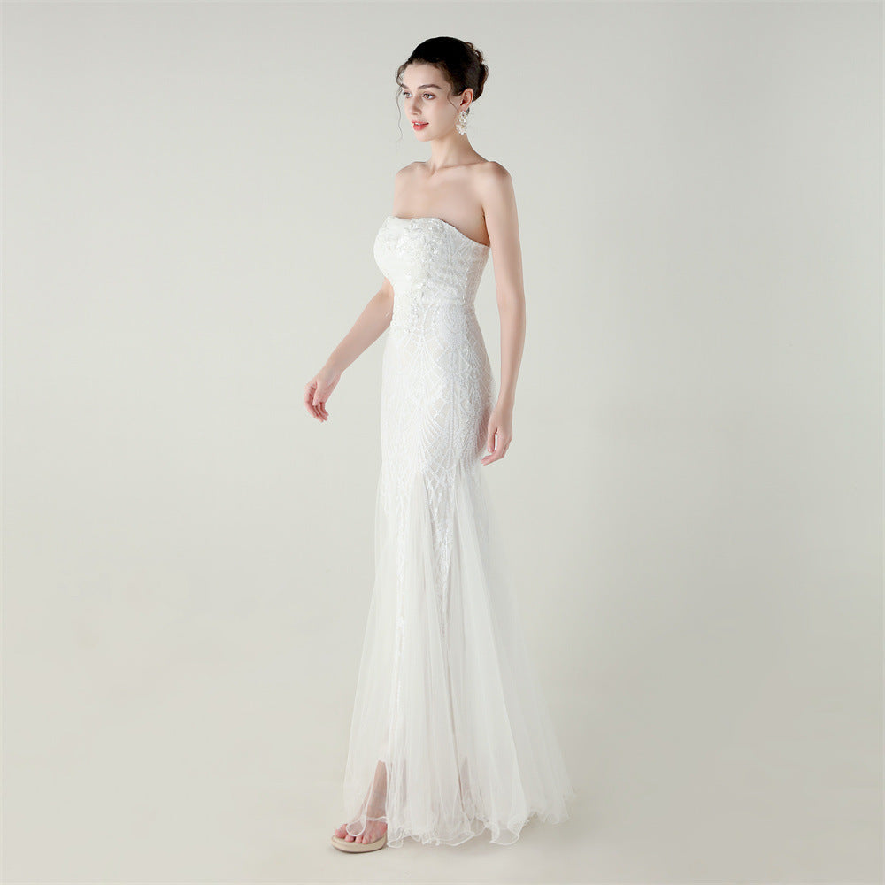 Women Strapless cross Lace-Up sequined tube flower sequined mesh evening dress Formal Party evening dress 67