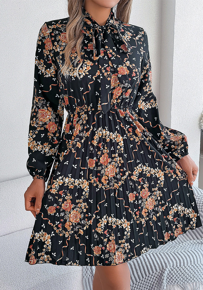 Autumn Winter Elegant Flower Tie Slim Waist Long Sleeve Women's Pleated Dress