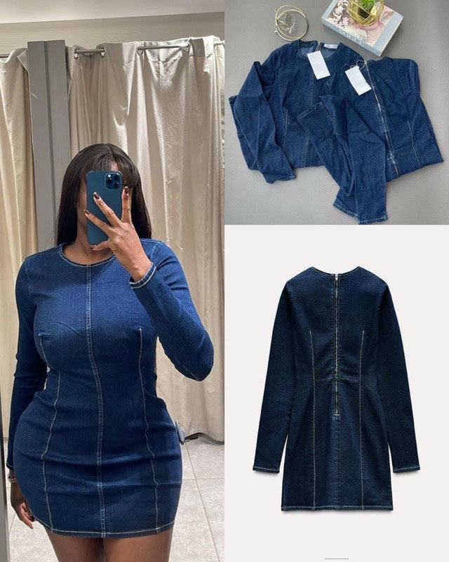 Women Solid Round Neck Long Sleeve Bodycon Denim Dress