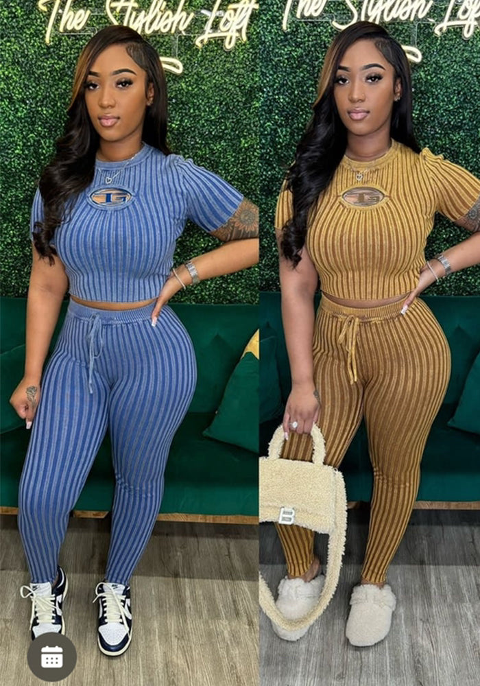 knitting hollow short sleeve High Waist Slim two piece Pants Set