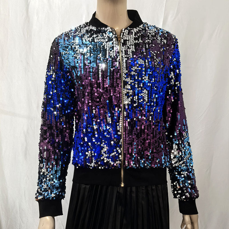 Women's Tops Fashion Color Block Sequin Style Short Zipper Jacket Coat 10