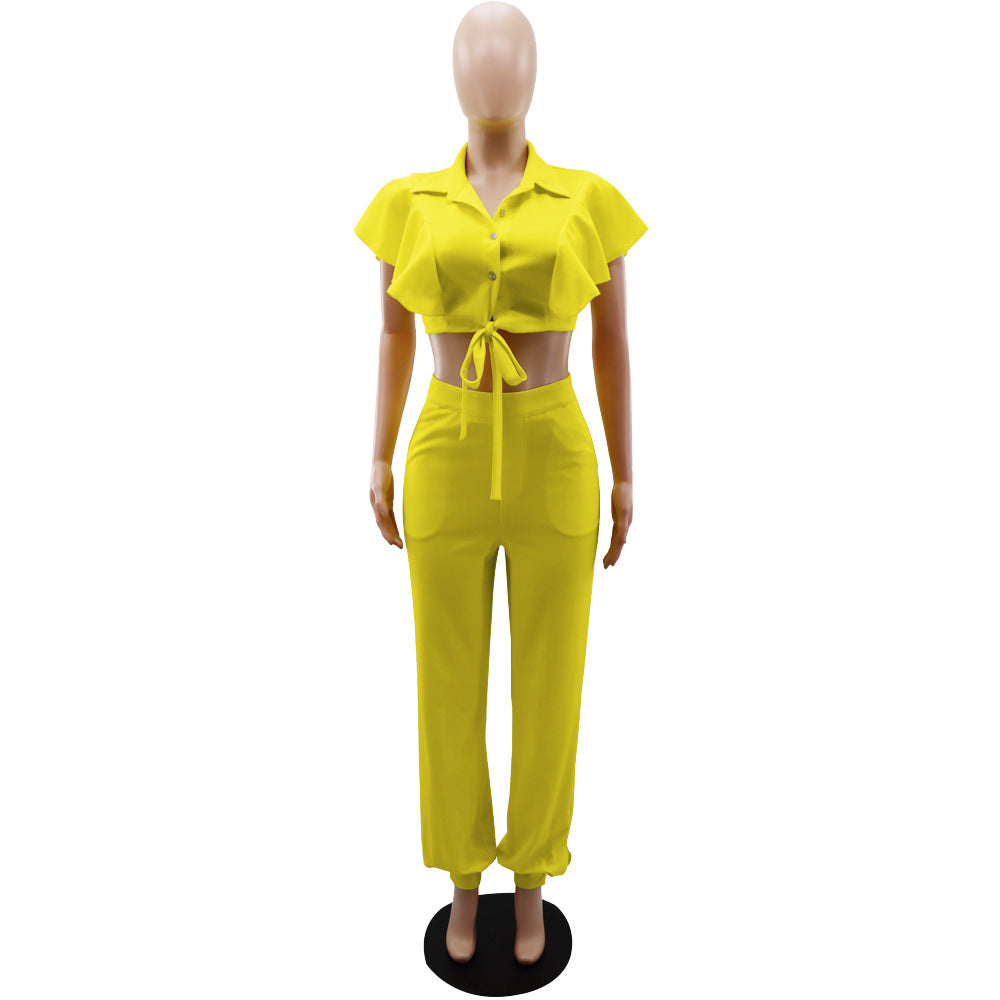Ruffle Sleeve Crop Short turndown collar Shirt High Waist Casual Fashion pants Women's Two-piece Set 13