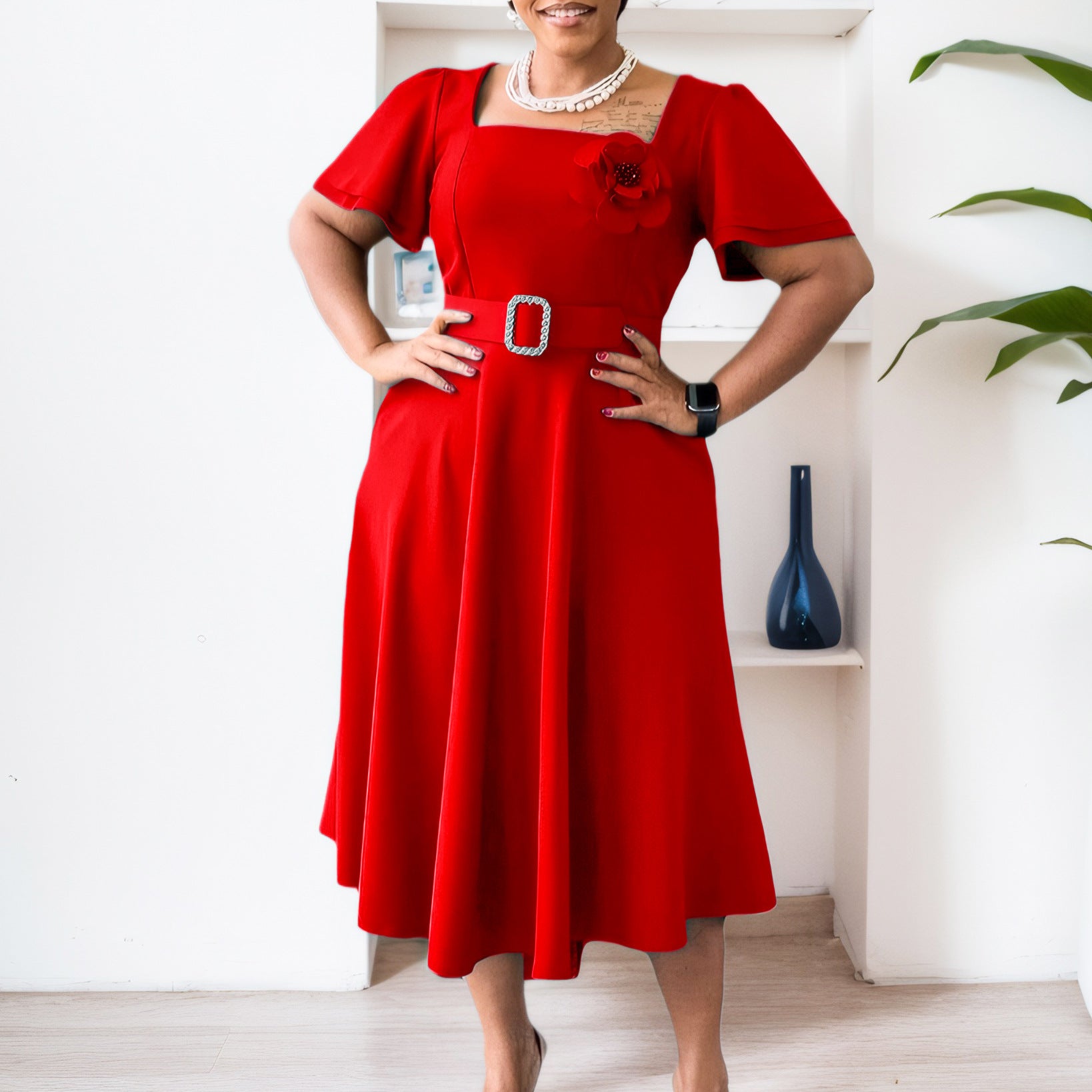 Women summer square neck solid African dress 3