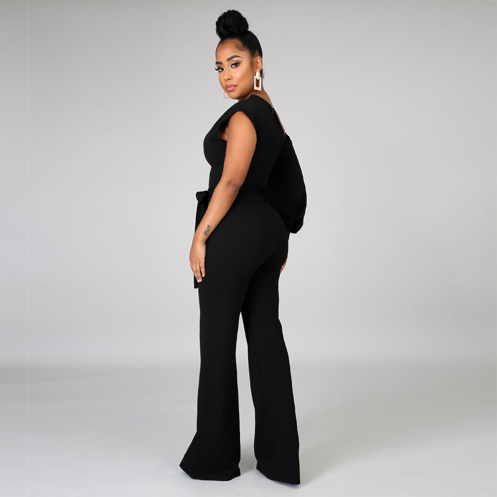 Women Solid Color One Shoulder Wide Leg Jumpsuit 13