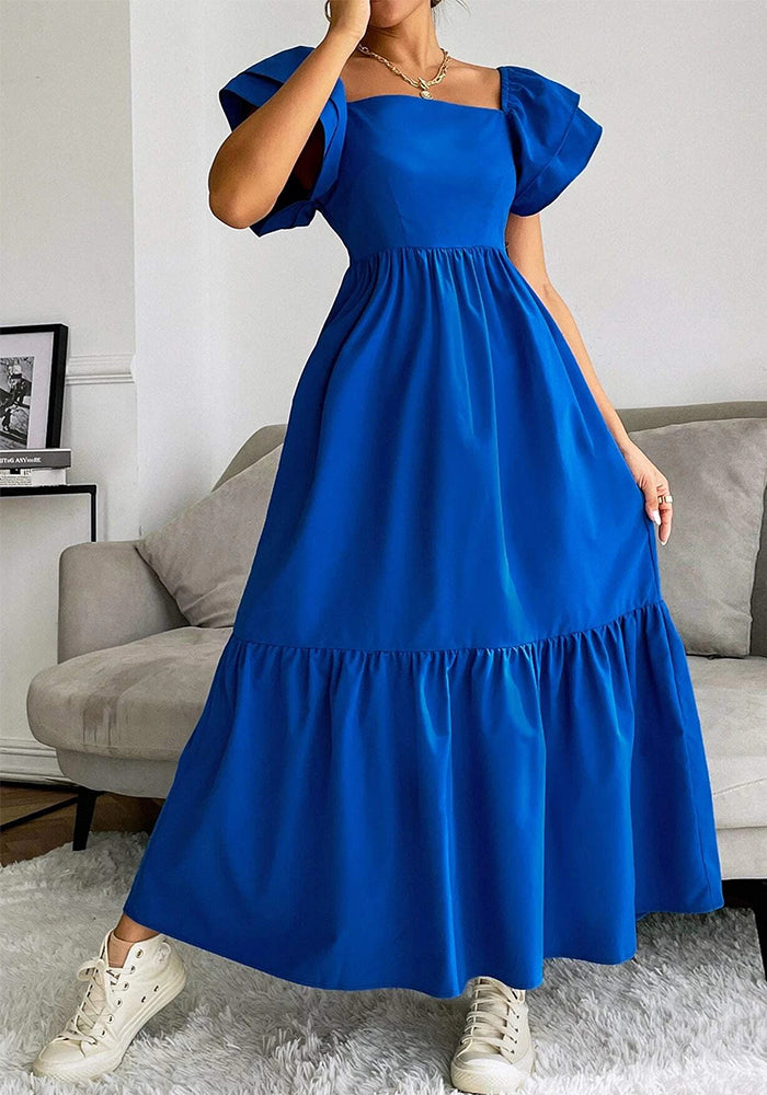 Women Ruffled Off Shoulder Flying Sleeve Solid Dress