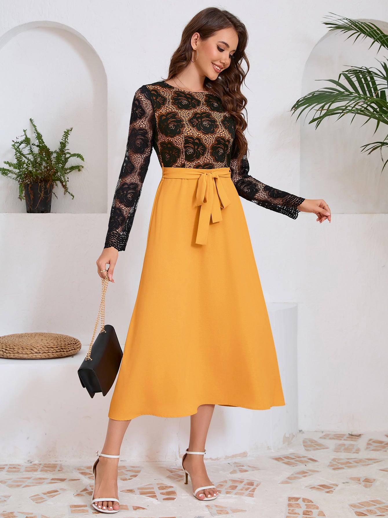 autumn women's Fashion slim Round Neck lace contrast color career dress 7