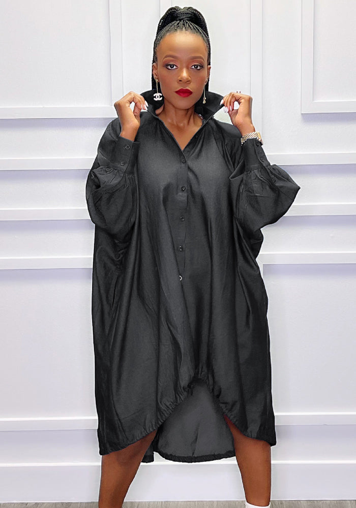 Women Turn Down Long Sleeve Loose Denim Dress