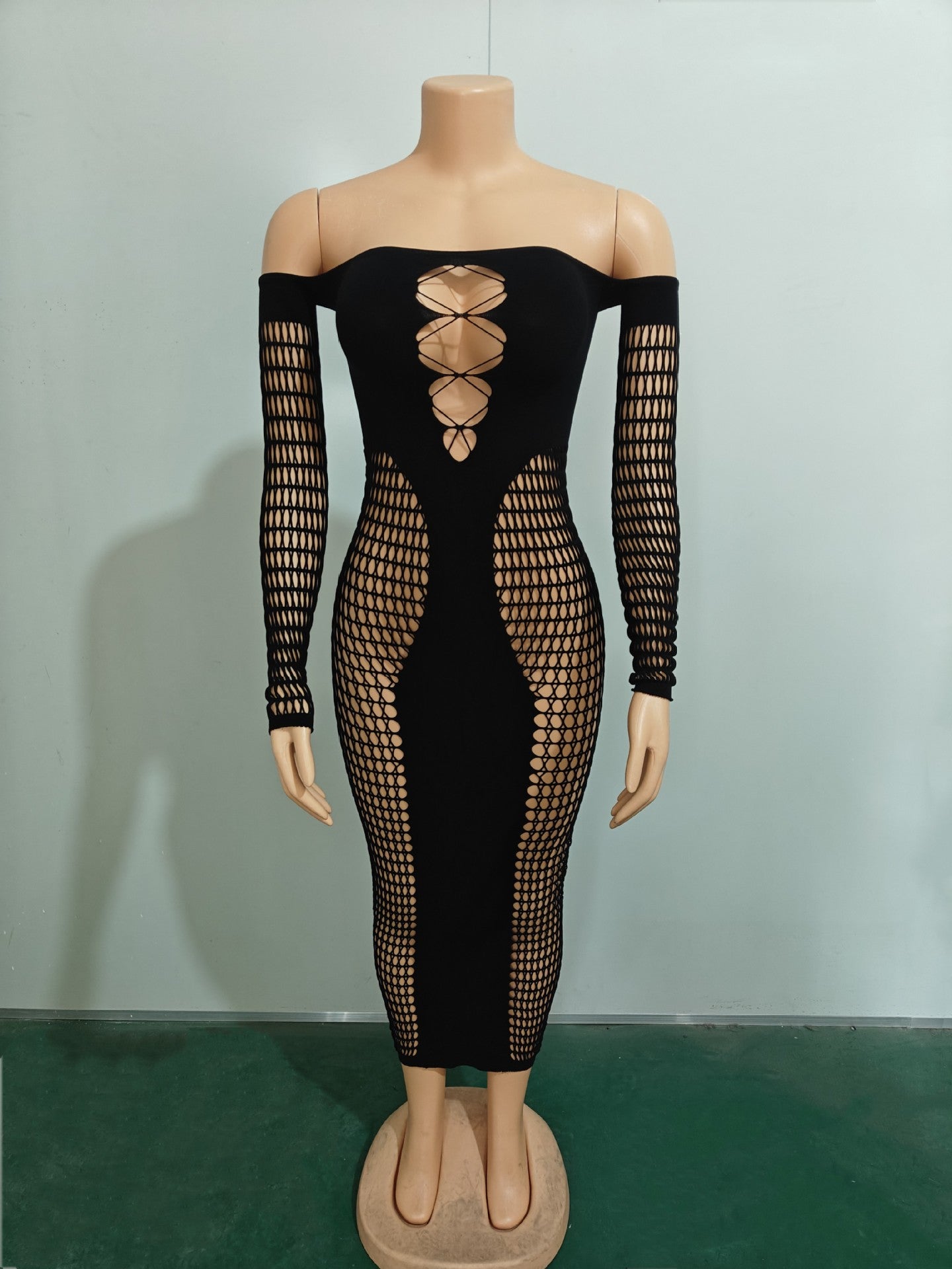 Off Shoulder Long Sleeve Stretch See Through Sexy Dress 11