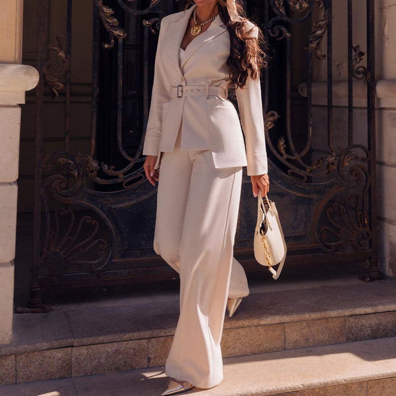 Autumn And Winter Fashion Casual Solid Color Blazer Straight Trousers Two Piece Suit For Women