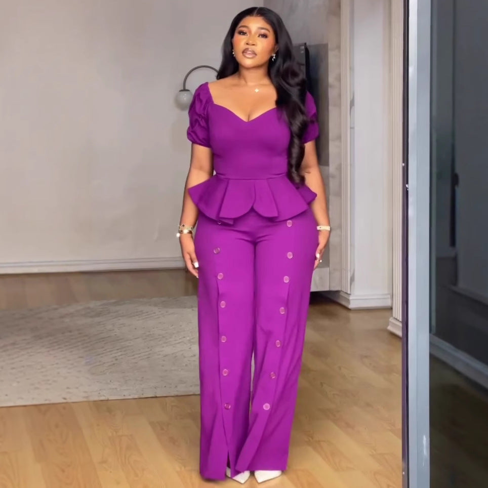 African Women Square Neck Ruffle Top And Solid Trousers Two-piece Set 3