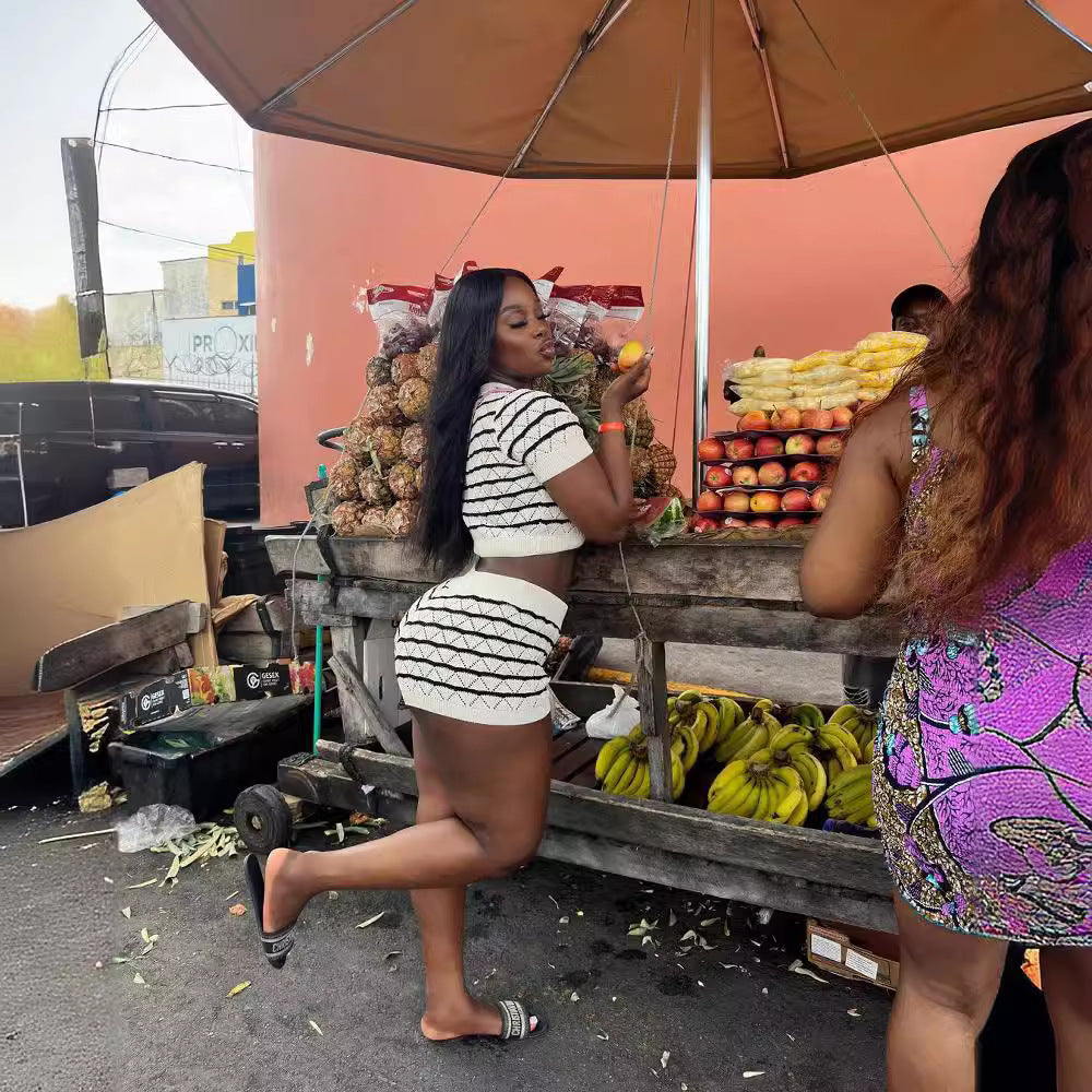 Women Casual Sweater Striped Top and Shorts Two-piece Set 9