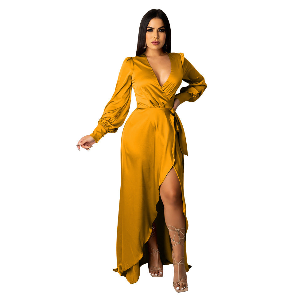 Women's Fashionable And Sexy V-Neck Solid Color Satin Lace-Up Irregular Long Dress 15