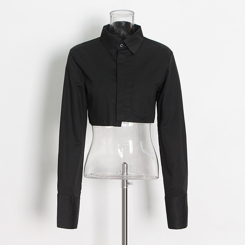 Fashionable Casual Top Spring Turndown Collar Long Sleeve Short Solid Shirt 3