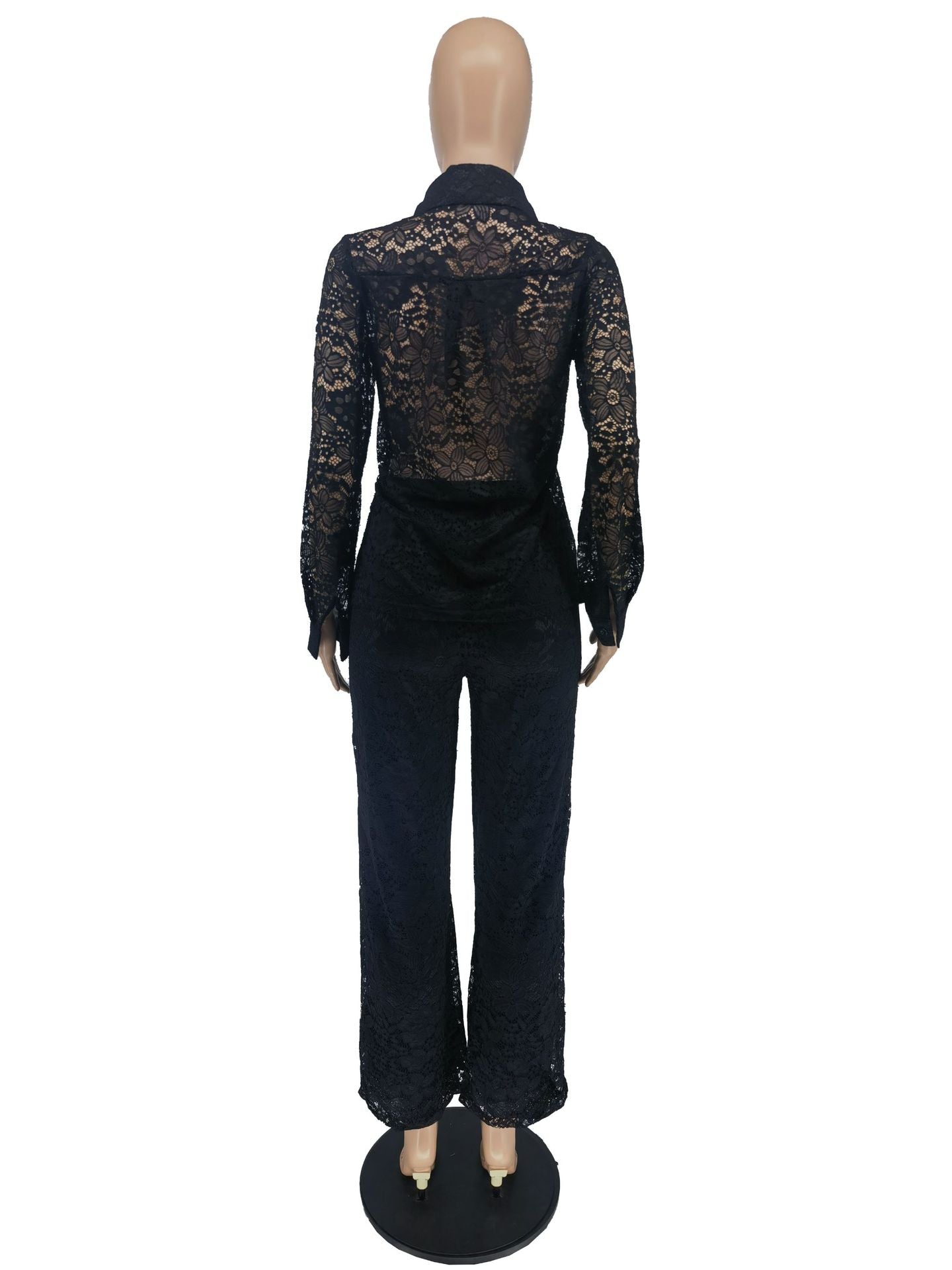 Women's Fashion Casual Autumn Winter Solid Color Long Sleeve Lace Shirt Pants Two Piece Set 12