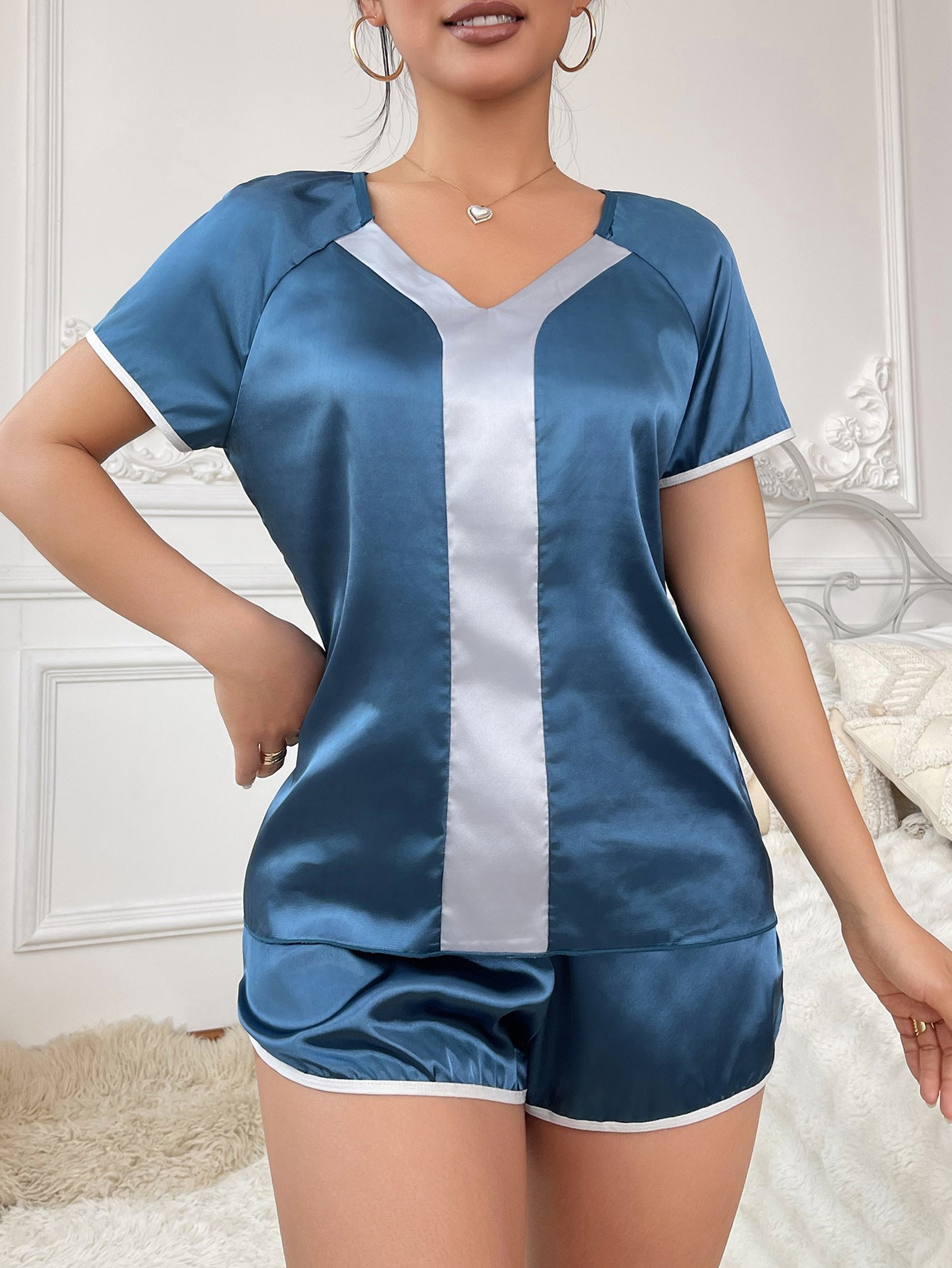 Contrast Color Short Sleeve Two Piece Home Set Satin Pajamas Set 7