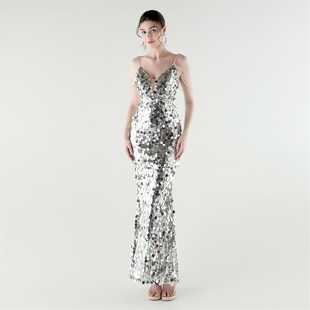 Tassel Sequined Deep V-Neck Low Back Fishtail Evening Dress for Summer Dinners 5