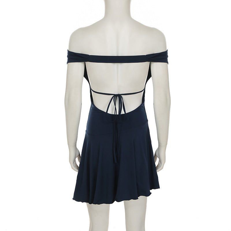 Women's Chic Solid Color Pleated Off-Shoulder Sexy Low-Back Lace-Up Waist Mini Dress 14