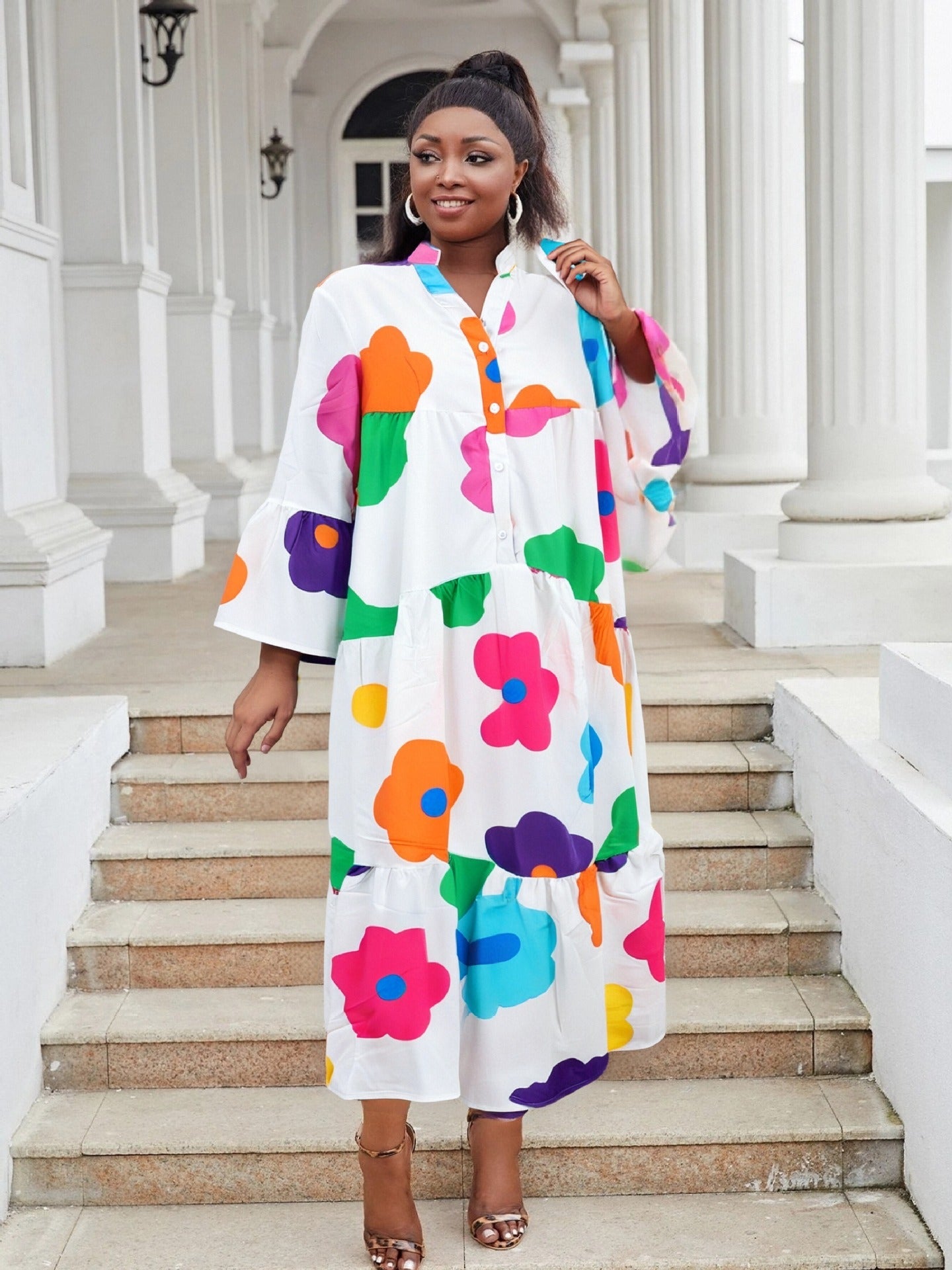 Women Casual Print Patchwork Multi-Color Long Sleeve Dress