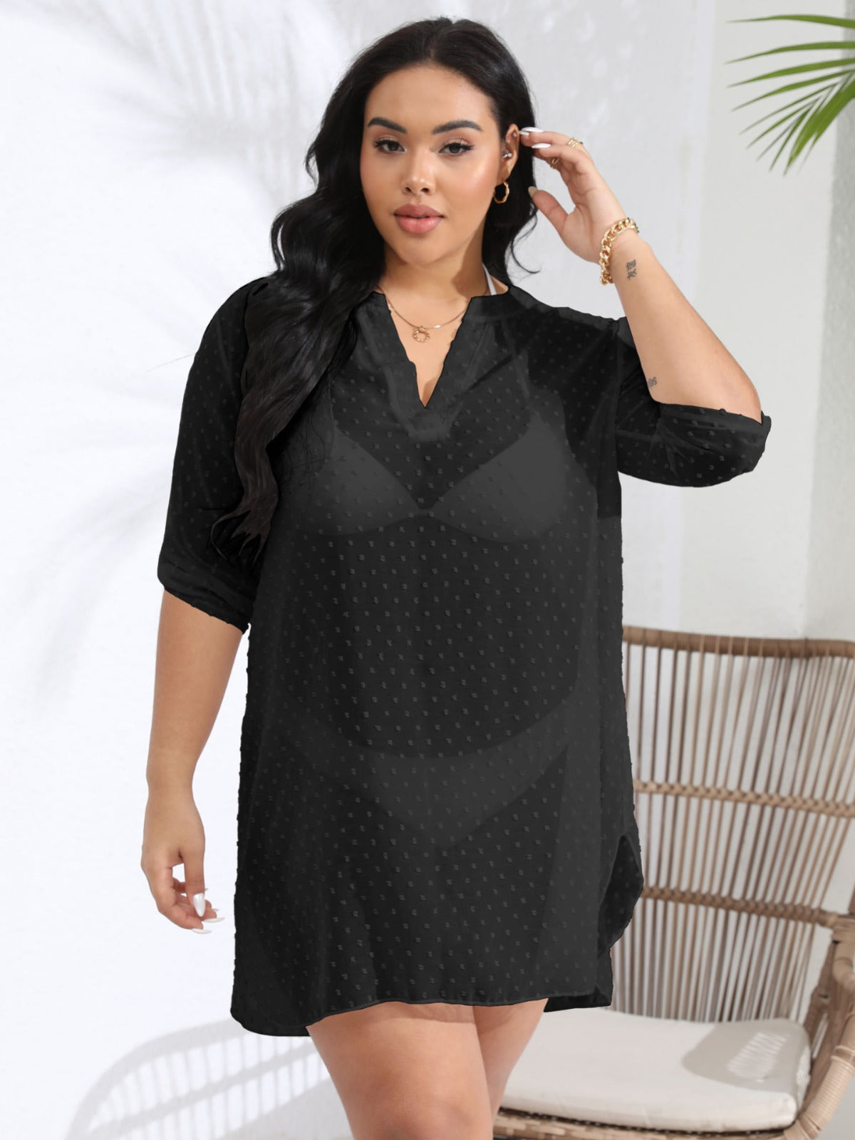 Plus Size Women V-neck Pockets See-Through Polka Dot Jacquard Chiffon Beach Cover-up Shirt Dress 5