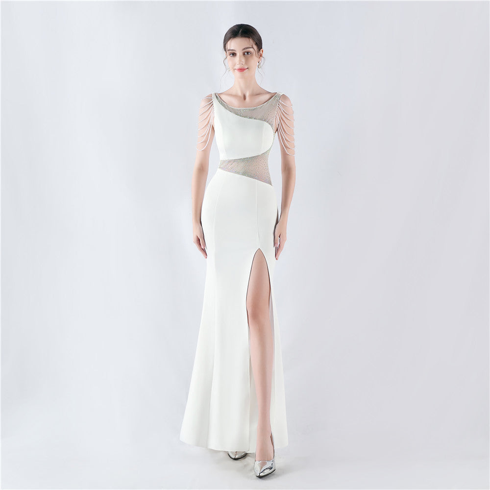 Women Beaded See-Through Mesh Split Evening Dress 3