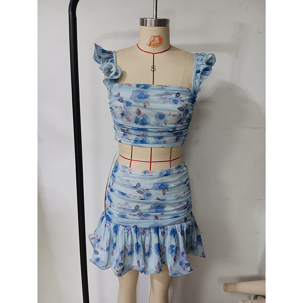 Summer women's fashion sexy Print Crop top Beach short skirt set 8